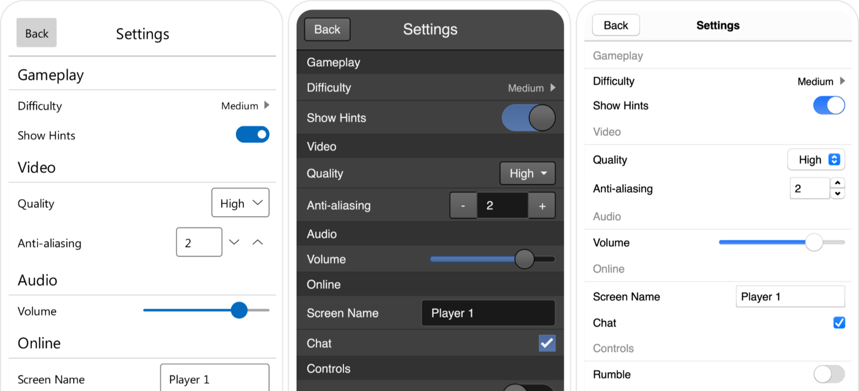 Three versions of the same app with different visual appearances